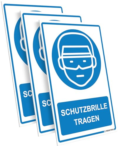 PRINTIMA 3x Schild „SCHUTZBRILLE TRAGEN“ 21x32 cm – PVC Warnschild inkl. Dübel - Deutliches Sicherheitszeichen für Innen- & Außeneinsatz im Arbeitsbereich