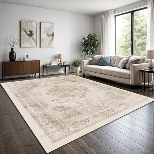 TT Home Boho Vintage Teppich Wohnzimmer Kurzflor - Retro Design, rutschfest & pflegeleicht, modern für Esszimmer & Flur Waschbar, Farbe:Beige 2, Größe:120x160 cm