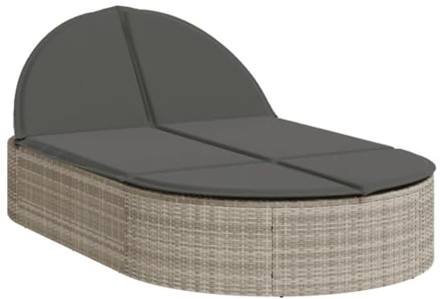 HFXHIJXQ Poly-Rattan Doppelliege Grau 200x110 cm wetterfest mit 3-Fach Verstellbarer Relaxfunktion und dicken Outdoor-Kissen platzsparend für Garten Terrasse Balkon