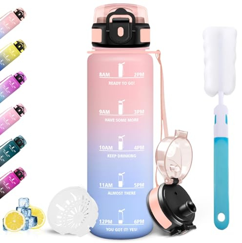 Mulbijeo Trinkflasche Sport, Auslaufsicher 1L, Motivierende mit Zeitmarkierung, Wasserflasche, Sportflasche, Trinkflasche Kohlensäure Geeignet, für Schule, Fitness, Outdoor