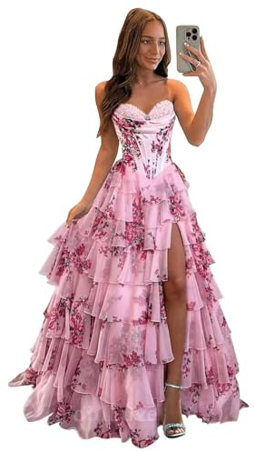 SWEMILE Womens Long Prom Dresses with Slit Beaded Sweetheart Tiered Chiffon Cocktail Dress Backless Pink White XS