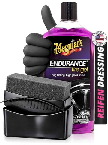 Shiny Freaks Reifenpflege Set: Meguiar’s Endurance High Gloss Tyre Gel 473ml + Tire Dressing Applicator + Nitrilhandschuhe Größe L | gleichmäßiger Auftrag für gepflegte Reifenflanken | 3-teilig