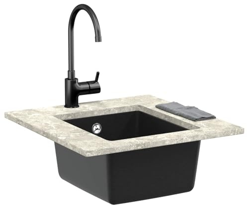 Évier encastrable noir 370 x 460 mm 80 % quartz 20 % résine granit évier sous-meuble avec bonde et accessoires pour cuisine, extérieur, camping, atelier