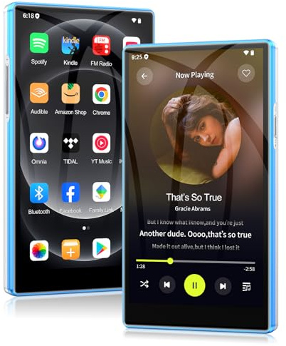 Reproductor MP3 con Bluetooth y Wi-Fi, 5 Pulgadas Pantalla Táctil MP4 Player, 96GB Reproductor de Música Android con Spotify, Amazon Music, Deezer, Radio FM, Lector de E-Books, Azul & Blanco