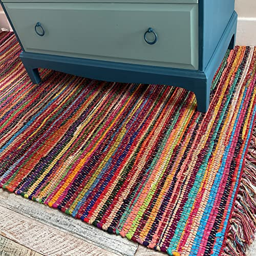 Second Nature Online - Tapis de fêtes à franges tissé à la main avec des bandes de tissu recyclées - Tapis à rayures multicolores - Respectueux de l'environnement (format L, 120 x 180 cm)