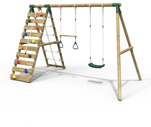 Rebo® Wooden Swing Set with Up and Over Climbing Wall - Savannah Green | OutdoorToys | Pressure Treated Timber, Trapeze Bar, Cargo Net, Climbing Rocks