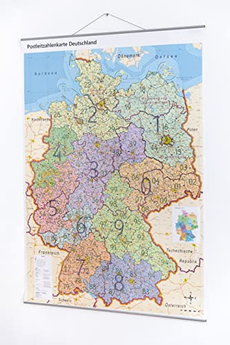 XL Postleitzahlenkarte Deutschland mit Metallleisten und Laminierung (beschreibbar), 100 x 140 cm, mit Bundesländer, reißfest, inkl. Online-PLZ-Karte