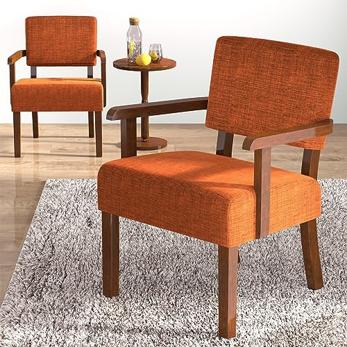 FAGAGA Accent Chair Set of 2 with Table, Upholstered Living Room Chairs with Wood Frame, Modern Oversized Reading Armchair for Bedroom Waiting Room (Orange)