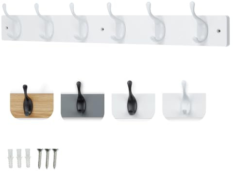 keypak 6 White Gloss Coat Hooks on White Wooden 68cm Board. 3.4kg Per Hook | Modern Hallway Décor, Wall or Door Mounted Organiser Rack Clothes Hanger