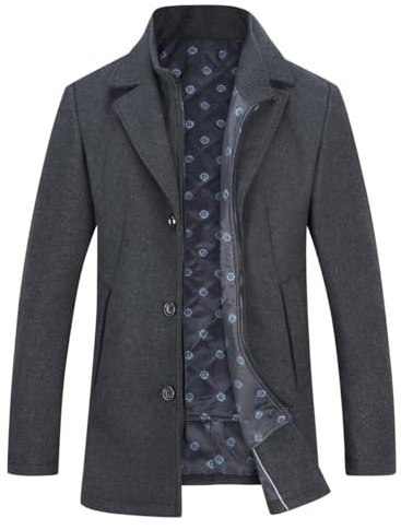 YOUTHUP Men's Winter Coat with Removable Gilet Thick Warm Wool Trench Coat, #1953 Grey, M