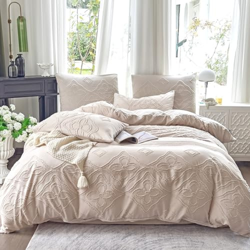 Amolavet Boho Bettwäsche 200x200 Beige Getuftet 3 teilig Set für Doppelbett Sommer Bettwäsche Weiche Mikrofaser Bügelfreie mit Reißverschluss Aesthetic Vintage Boho Deko Bettwaren