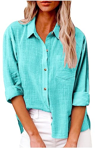 Generico Camicia Donna Manica Lunga Estiva Camicie in Lino Cotone Elegante Blusa con Bottoni e Tasca Lavoro Casual Top Camicetta da Spiaggia Tinta Unita Classico