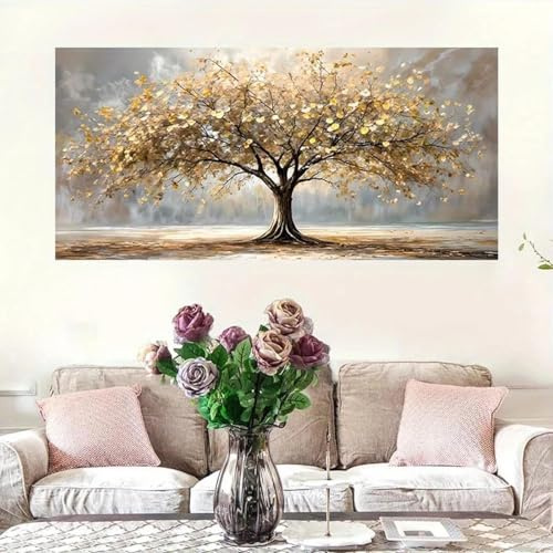 GOSRD Large Abstract Golden Tree of Life Canvas Painting Print Wall Art Poster Bedroom Living Room Decoration Modern Home Decor 60x120cm Frameless