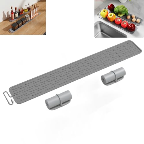 MAUNYASENA Extra Long (70cm) Silicone Sink Mat, Ultra Slim (9.5cm) Kitchen Sink Splash Guard, Narrow Countertop Drying Mat for Behind Tap, Heat Resistant & Non-Slip Bathroom Water Protector - Grey
