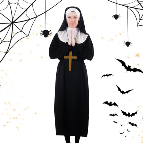 ETUCYNG Nonnen-Kostüm, Kreuz-Anhänger, Halskette, Kopfbedeckung, Nonnen-Kopfschmuck-Set, für Halloween, Cosplay, Rollenspiele, Bühnenshow, Schule, Veranstaltung, Damen, Erwachsene