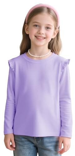 JinBei T-Shirt Manches Longues Fille en Coton Col Rond Tee Shirts avec Volanté Manche Confortable Doux Vetement Tops Couleurs Unies Enfants pour École Loisirs Sports Violet, 9-10 Ans