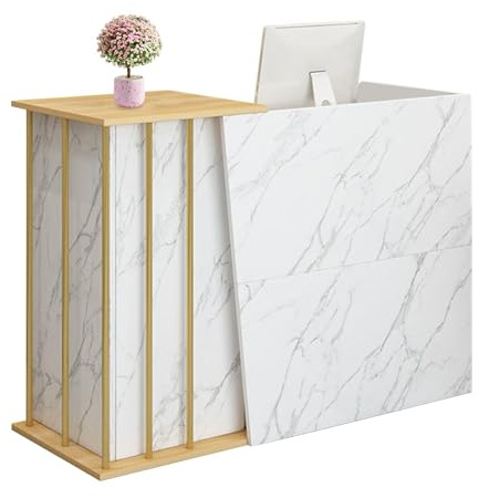 JingNian Comptoir D’Accueil Réception Secrétariat avec 2 Tiroirs Et Étagères Table De Bureau Mobilier De Réception Moderne pour Commerces Magasins Salons Et Lobby(Marble Color,140cm)