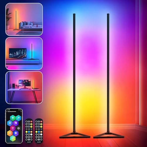 LED Stehlampe Wohnzimmer Dimmbar, 140cm Abnehmbar Schwarz Standleuchte LED mit App, 16 Millionen Farben, 300 Szenenmodi, Musikmodus & Timing-Funktion Stehlampe RGB Deko Wohnzimmer (Schwarz-2 Stück)