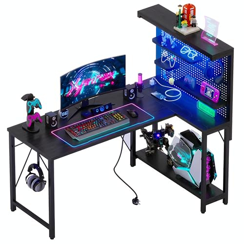 Xyphren 120 * 80 cm L-format gamingbord med hålväggstillbehör & hyllor, vändbart datorbord med 3 avtagbara hyllor för hemmet, sovrum och kontorsarbetsplats, svart