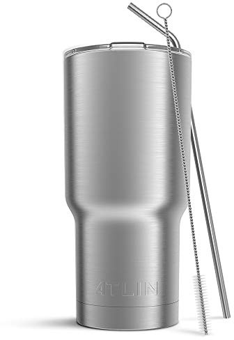 Atlin Tumbler [30 oz. Double Wall Stainless Steel Vacuum Insulation] Travel Mug [Crystal Clear Lid] Water Coffee Cup [Straw Included] for Home,Office,School - Works Great for Ice Drink, Hot Beverage