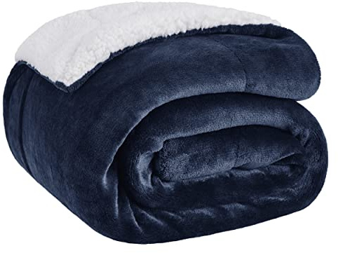 Sängsäck Vändbar flanell/Sherpa filt 150x200cm - Extra mjuk 100% mikrofiber 90 säng filt - Marinblå plysch filt