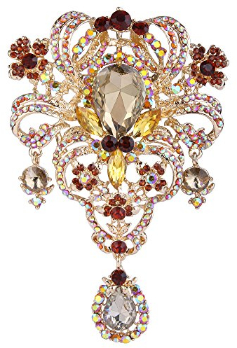 EVER FAITH Österreichische Kristall Wedding Blumenstrauss Tear Drop Anhänger Brosche Braun Gold-Ton