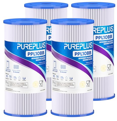 PUREPLUS 5 Micron 10 x 4.5 Whole House Pleated Sediment Filter for Well Water, Replacement Cartridge for GE FXHSC, Culligan R50-BBSA, Pentek R50-BB, DuPont WFHDC3001, W50PEHD, GXWH40L, 4Pack
