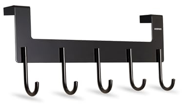 UDENIS Tür-Haken, strapazierfähig, zum Aufhängen von Kleidung, Mantel, Tasche, Bademantel, Handtuch, Badezimmer, Schrank, Rückseite der Tür, robust, rostfrei, leicht, 5 Haken aus Aluminium schwarz