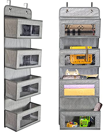 BrilliantJo Portaoggetti da Appendere con 4 Tasche in Tessuto, Organizzatore da Porta con grande finestra trasparente, Organizer Armadio Porta Oggetti da Appendere, Grigio-bianca