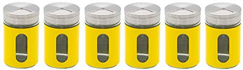6er Set Gewürzstreuer Salzstreuer Pfefferstreuer aus Glas & Edelstahl mit Dreh-Deckel und Sichtfenster Gewürzglas Vorratsglas Dose (6er Set Gelb)