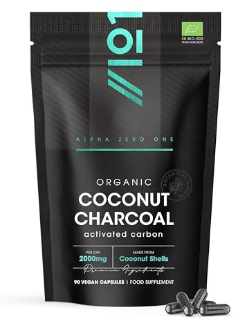 Organic Activated Coconut Charcoal 2000mg – 90 Vegan Capsules – Bloating & Gas, Digestion & Flatulence Natural Relief – Resealable and Recyclable Pouch by Alpha01