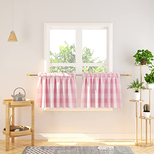 Natus Weaver - 16-inch Valance Curtains, Buffalo Plaid Checked Coffee Curtain for Kitchen, Bathroom, Window Curtain, Pink and White