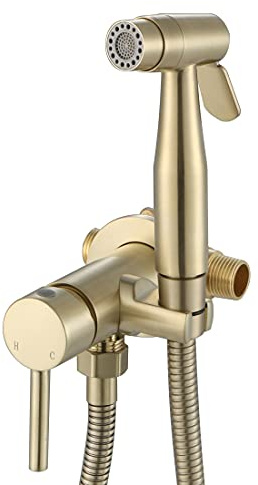 Handheld Bidet Sprayer Brushed Gold Warm Water, WiPPhs Stainless Steel Bidet Hand Held Sprayer for Toilet with Brass Hot and Cold Mixing Valve, WI9138BG