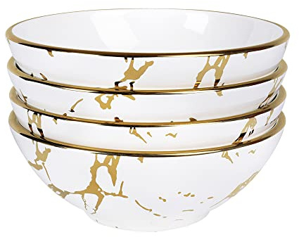 fanquare Gold Marble Crereal Bowls 24 oz, Porcelain Soup Bowls Set of 4, Pasta Bowl for Ramen, Salad, Dessert, 7 Inch