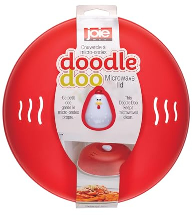 Joie Doodle Doo Microwave Lid, Vented Splatter Cover for Even Cooking, 10-Inch Guard Fits Over Plates to Keep Kitchen Appliance Clean, BPA-Free, Cute Rooster Design, Red
