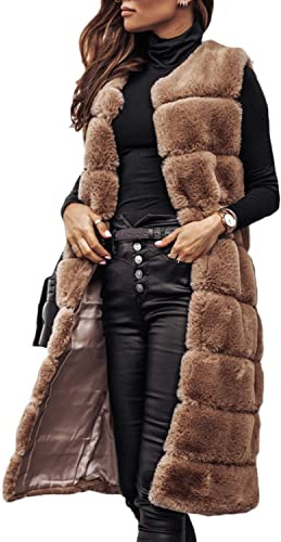 Onsoyours Damen Weste Wintermantel Kunstpelz Ärmellose Jacke Winterjacke mit Kapuze Lange Mantel Outwear Warm Pelzweste Pelzjacke Pelzmantel B Khaki 3XL