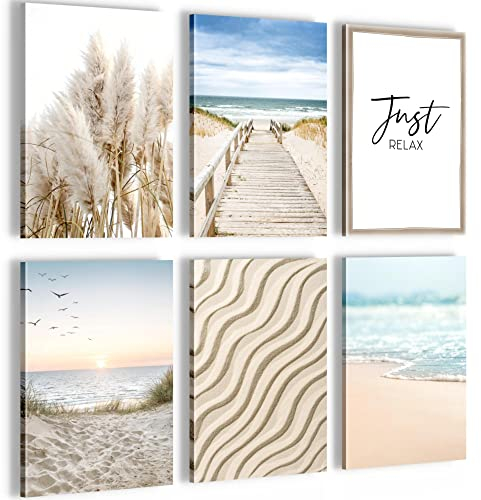 Novart Leinwand Meer – Komplett fertig zum Aufhängen – Stilvolle Dekoration – Set mit 6 Bildern – Wohnzimmer Schlafzimmer N004864a
