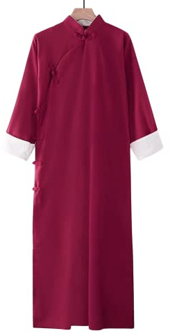 Moonetto Mens Cotton Linen Kung Fu Robe Chinese Martial Arts Uniform Tai Chi Long Suit Button Shirt Coat Robe Outfit(0244-WineRed-L)