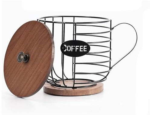 LAUGHERER Porte-dosettes de café rustique - Panier de rangement rond avec couvercle en bois pour comptoir de cuisine