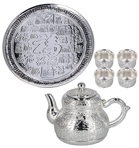 Juego de Tetera De Metal, 7 Piezas, Juego de Servicio de Té de Cafetera Turca Vintage, Bandeja de Té Artesanal, Tetera con Tetera, Cubierta de Bandeja de Té, Tazas para Decoración de Gabinetes
