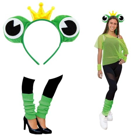 Oblique Unique Frosch Kostüm Accessoire Set Damen - Froschaugen Haarreif mit Krone & grüne Beinstulpen – Fasching Karneval Mottoparty König Frosch Kostüm Zubehör grün