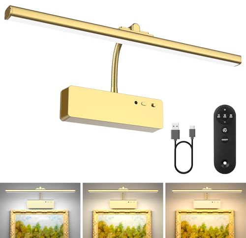 Lightbiz Picture Light, 15.35inch 5400mAh Rechargeable Picture Lights for Wall Battery Operated Wall Lights, 3 Colors Paintings Light Dimmable Art Light for Artwork, Gallery (Gold)