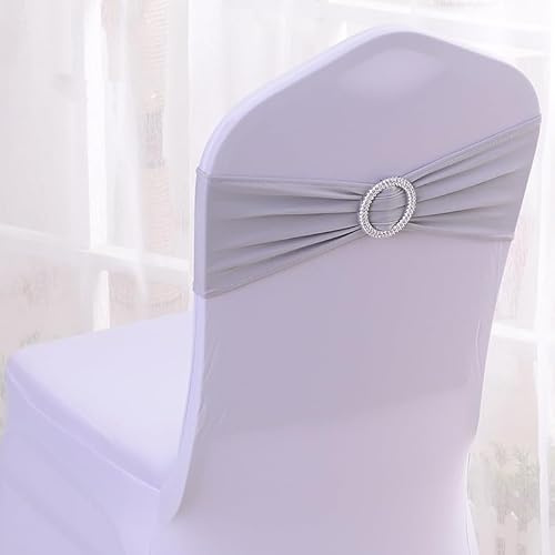 25 Stück Stuhlschärpen - Schleifen für Stuhlhussen Hochzeit Stuhlschleife 36*15cm elastische Stuhlbänder mit Schnalle Stuhldekorationen für Partys Hochzeiten Feiern Bankett Taufe -Silber Weiss