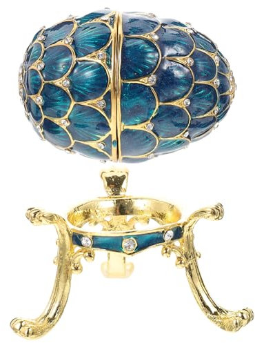 COLLBATH Egg Shaped Jewelry Box Rhinestone Trinket Case Blue Enameled Alloy Desktop Egg Decoration Jewelry Storage for Women