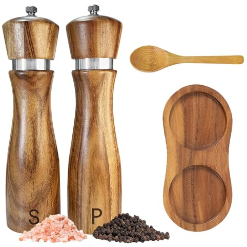Wooden Salt and Pepper Grinder Set:Pepper Grinder Manual,Adjustable Coarseness,Crafted of Acacia Wood with Ceramic/Stainless Steel Core|Along with Salt&Pepper Mill Tray,Spoon,8in,2pack
