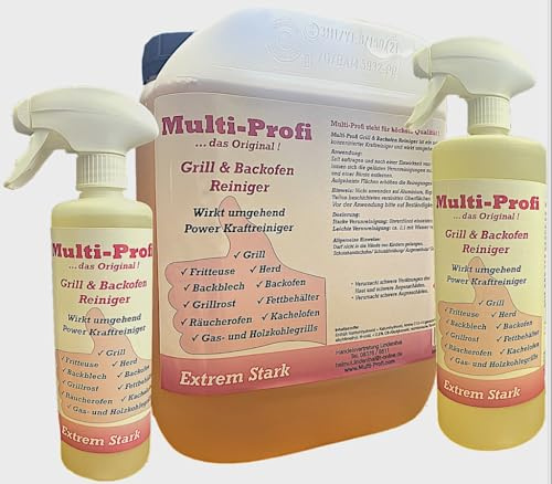 Multi-Profi Grill & Backofen Reiniger ist ein sehr hoch konzentrierter Kraftreiniger und wirkt umgehend ! Extremste Verunreinigungen sind für diesen Power Kraftreiniger kein Problem ! 1 Liter