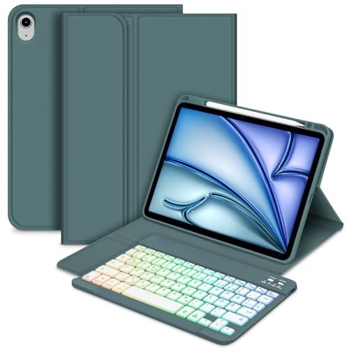 Bettdow für iPad Air 11 Zoll M3 2025/ M2 2024 Tastatur Hülle, QWERTZ Layout Abnehmbarer Beleuchtete Tastatur mit Hülle für Air 7./6.Gen 11/ Air 5.Gen 2022 10.9/ Air 4.Gen 2020 10.9, Dunkelgrün