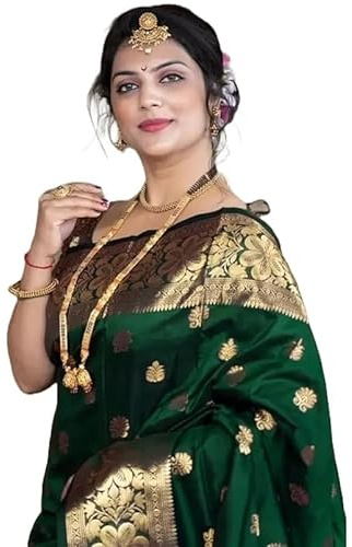 Yashika Zari Sari Sari en coton et soie jacquard avec chemisier non cousu, Vert, taille unique