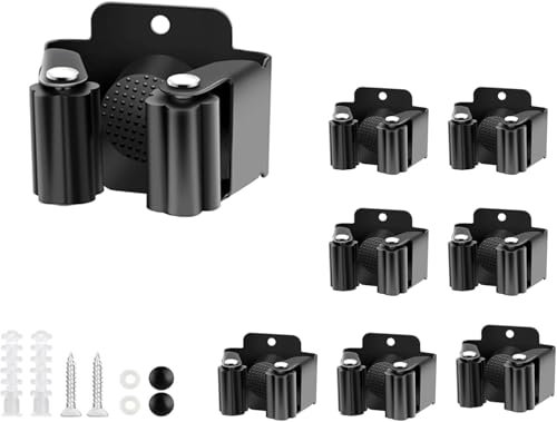 HYSHLC Black 8 Pack Broom Mop Holder Clip Hanger Stainless Steel Self Adhesive Wall Mounted Garden Tool Holder with Installation Screws for Kitchen Home Bathroom Closet Garden Garage