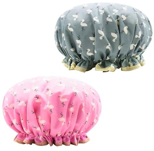 2Pcs Shower Cap, Double Layer Elastic Band Reusable Shower Caps for Women Uk, Waterproof Shower Caps with Ruffled Edge Covering Ears, Shower Cap for Women and Girls Spa Salon Home